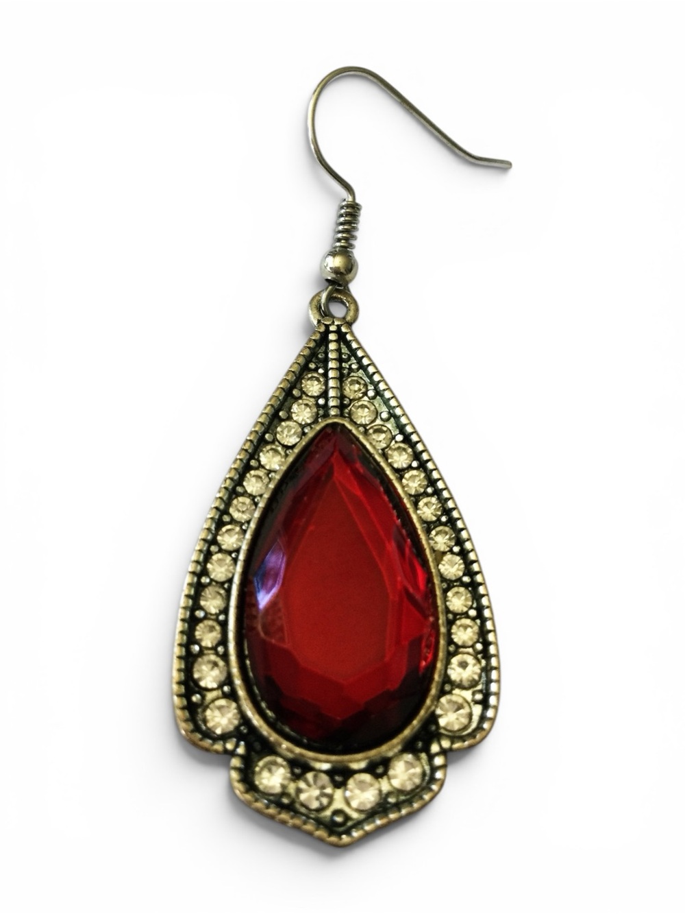 Vintage Y2K Red Glass Teardrop Earrings w/ Rhinestone Halo - Picture 6 of 9